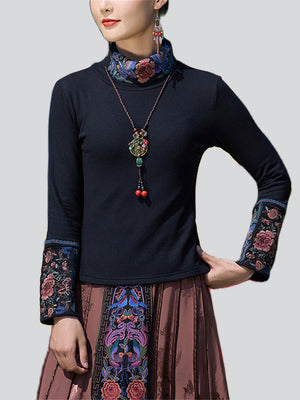 Vintage Peony Embroidery Black Slim Fit Shirt for Women