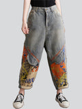 Retro Letter Graffiti Print Light Blue Jeans for Women