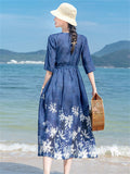 White Flower Print Round Neck Half Sleeve Blue Dress for Lady