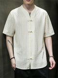 Men's V-neck Solid Jacquard Cotton Linen T-shirts