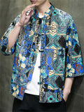 Men's Ethnic Style Print Stand Collar Knot Button Shirt