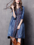 Ethnic Style Embroidery Half Sleeve Adjustable Waist Denim Dress