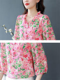 Elegant Ruffled Collar 3/4 Sleeve Floral Pattern Shirt for Women