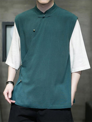 Fake Two Pieces Men's Splicing Half Sleeve Linen Shirt