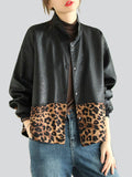 Retro Leopard Print & Black Patchwork PU Leather Jacket for Women