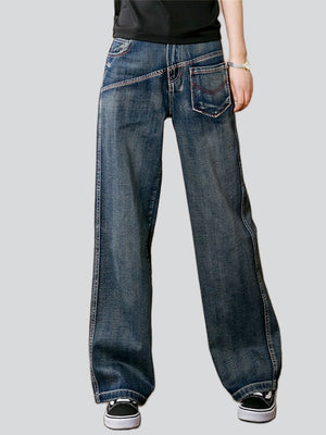 Spring High Waist Loose Straight-Leg Blue Jeans for Women