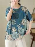 Casual Blue Lotus Print Cozy Linen T-shirts for Women