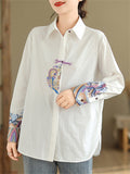 Relaxed Turn-down Collar Embroidered Shirts for Lady