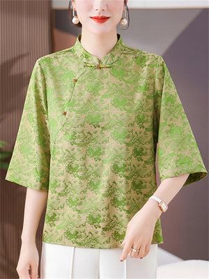 Chinese Style Stand Color Knot Button Elegant Shirt for Women