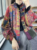 Ladies Retro Abstract Print Knot Button Patch Pocket Cotton Coat