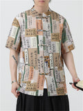 Chinese Style Hanzi Print Color Block Button Shirt for Men