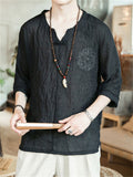 Chinese Style V-Neck Linen Blend T-shirt for Men