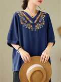 Women's Relaxed Elegant Floral Embroidered V-neck Shirts