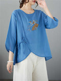 Female Chinese Fan Flower Embroidered 3/4 Sleeve Shirt