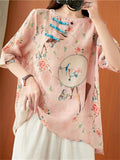 Ladies Chinese Style Tasseled Tuanshan Bird Floral Print Shirts