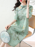 Lady Loose Cheongsam Temperament Printed Stand Collar Dress