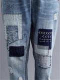 Women's Casual Washed Effect Elastic Waist Blue Denim Harem Pants