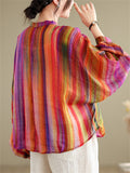 Women's Rainbow Stripe Loose Fit Lantern Sleeve Shirts