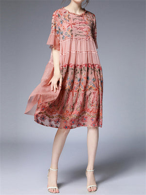 Women's Flare Sleeve Ruffled Floral Embroidered Dresses