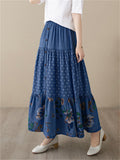 Women's Gentle Polka Dot Flower Print Pleated Denim Skirt