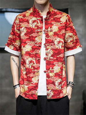 Men's Fashion Short-Sleeved Loong Printed Tang Suit Shirt