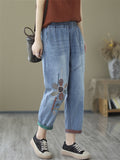 Women's Casual Floral Embroidery Blue Washed Denim Pants