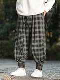 Men's Plaid Corduroy Patch Pockets Drawstring Casual Pants