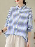 Summer Extra Thin Striped Lapel Button Up Shirt for Women