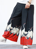 Men's Unique White Crane Landscape Print Wide-Leg Pants