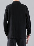 Men's Casual Embroidery Stand Collar Linen Long Sleeve Shirt