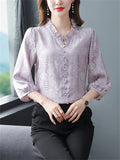 Elegant Puff Sleeve Floral Pattern Faux Silk Shirt for Women