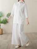 Women's Elegant Cozy Solid Color Stand Collar Shirt + Wide Leg Pants