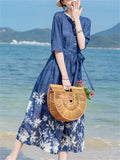 White Flower Print Round Neck Half Sleeve Blue Dress for Lady