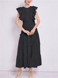 Ladies Fashion Spliced Crew Neck Flutter Sleeve Dresses