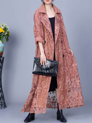 Women's Spring Luxury Lace Embroidery Bouble-Breasted Long Coat