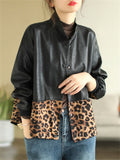 Retro Leopard Print & Black Patchwork PU Leather Jacket for Women