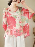 Sweet Red Floral Print See-Through Summer Shirt for Women