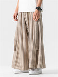 Men's Chinese Style Cotton Striped Wide Leg Pants with Strap