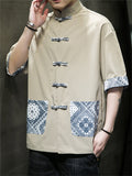 Men's Ethnic Printed Patch Pocket Half Sleeve Tang Suit Shirt