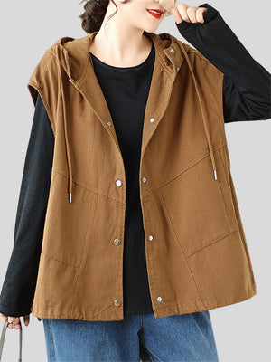 Women's Hooded Drawstring Button Up Sports Vest