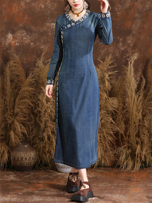 Women's Long Sleeve Modified Cheongsam Denim Dress