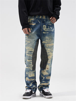 Men's Fake Ripped Print Street Straight-Leg Jeans