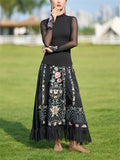 Female Black Satin Flower Embroidery Skirts