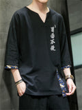 Chinese Style Hanzi Embroidery Men's V Neck Patchwork Shirt