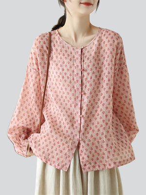 Leaves Printed Women's Chinese Style Pink Shirts