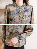 Women's Ginkgo Leaf Print Pleated Collar Long Sleeve Retro Green Shirt