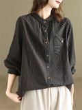 Female Popular Cotton Linen Button Up Pocket Striped Shirts