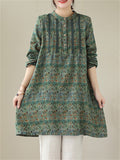 Female Ethnic Print Round Neck Long Sleeve Linen Shirt