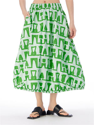 Female Elastic Waist Trendy Geometric Pattern Print Skirts