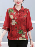 Women's Summer Elegant Peony Print Half Sleeve Shirt